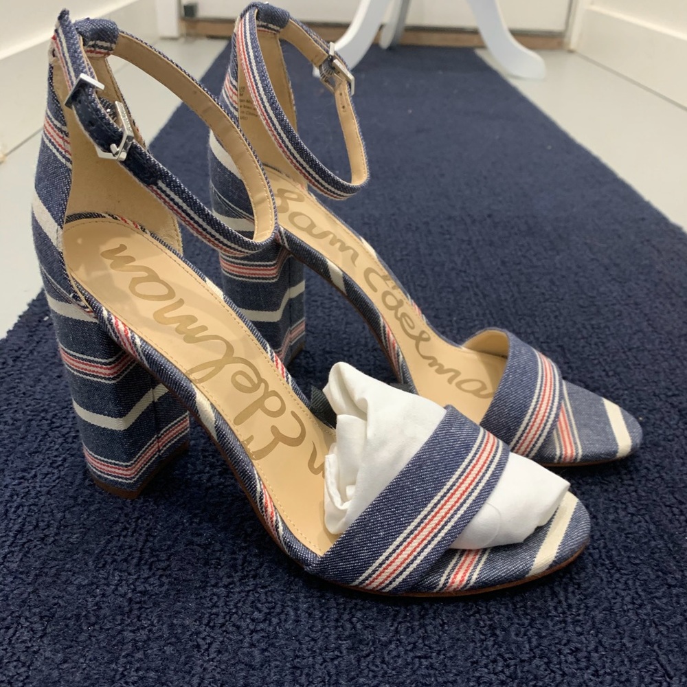 Red, white, and blue denim block heel sandals